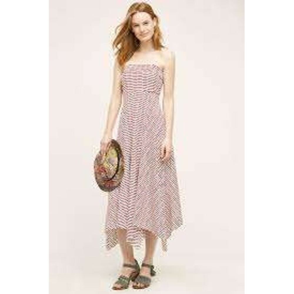 Maeve Anthropologie Strapless Striped Handkerchief Hem Midi Dress Red White XS‎